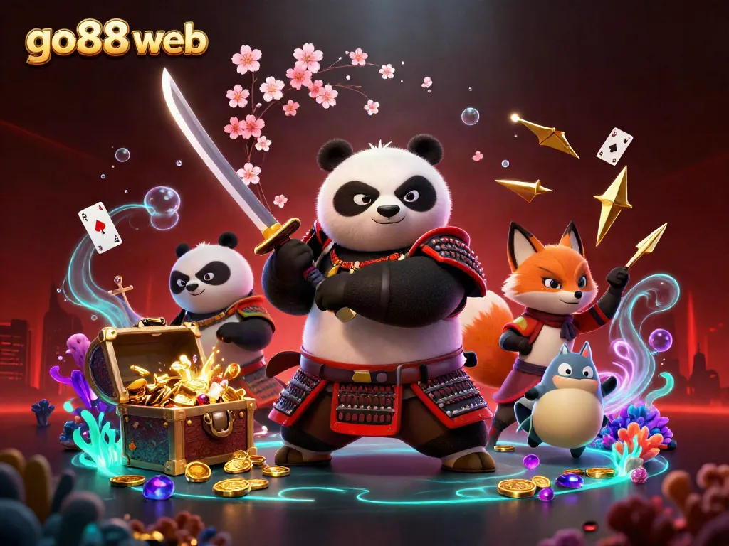 Engage with the thrilling go88 web scene featuring a samurai panda and ninja fox amidst treasures in a dynamic casino illustration.