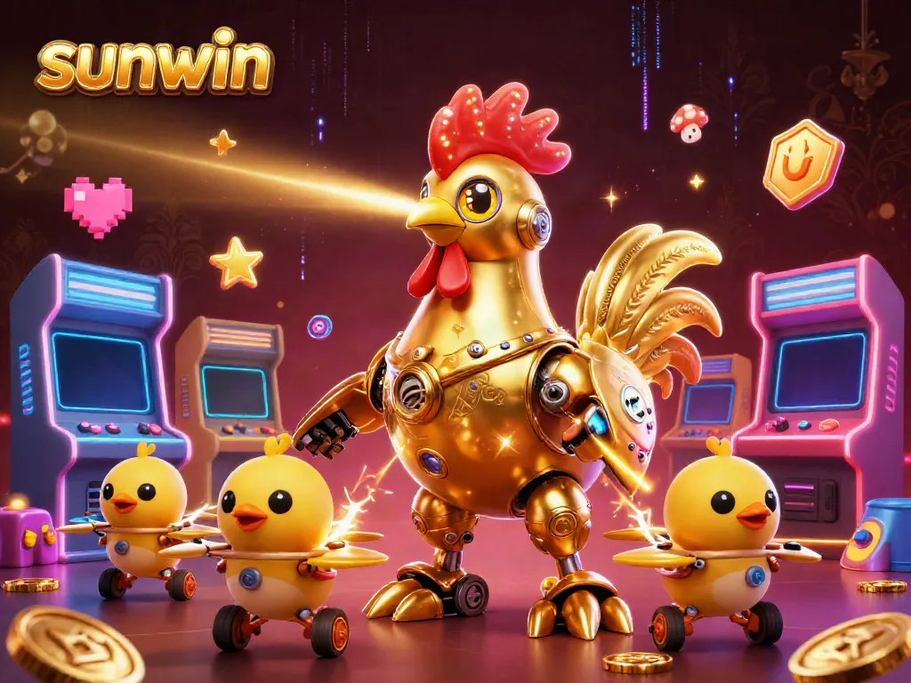 Experience thrilling gameplay action with sunwin as a golden rooster robot illuminates the casino scene.