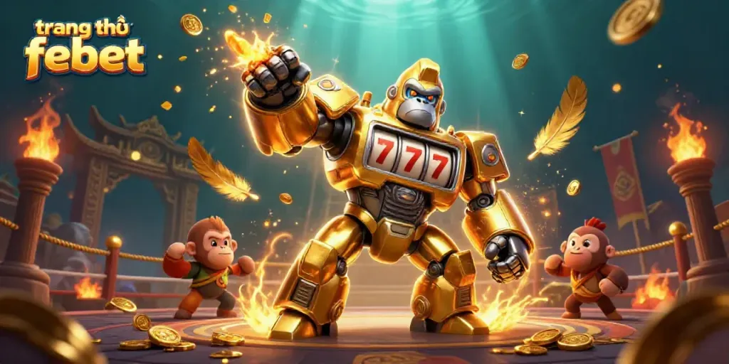 Experience the thrills of playing on the trang chủ febet with dynamic gaming action featuring a golden gorilla mech.