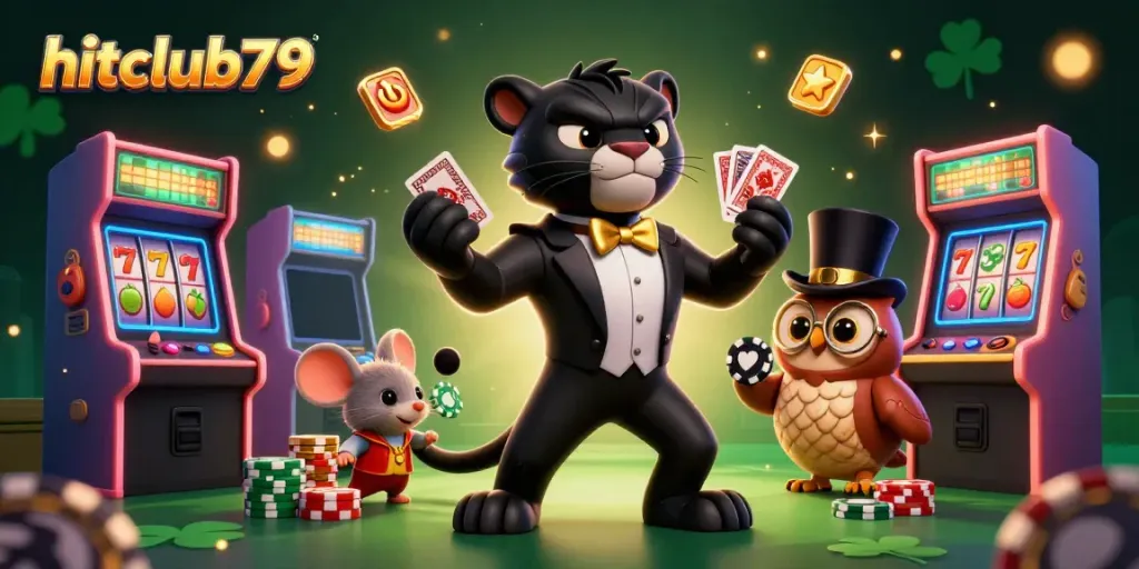 Experience excitement at hitclub79 with an elegant panther dealer in a vibrant casino scene.