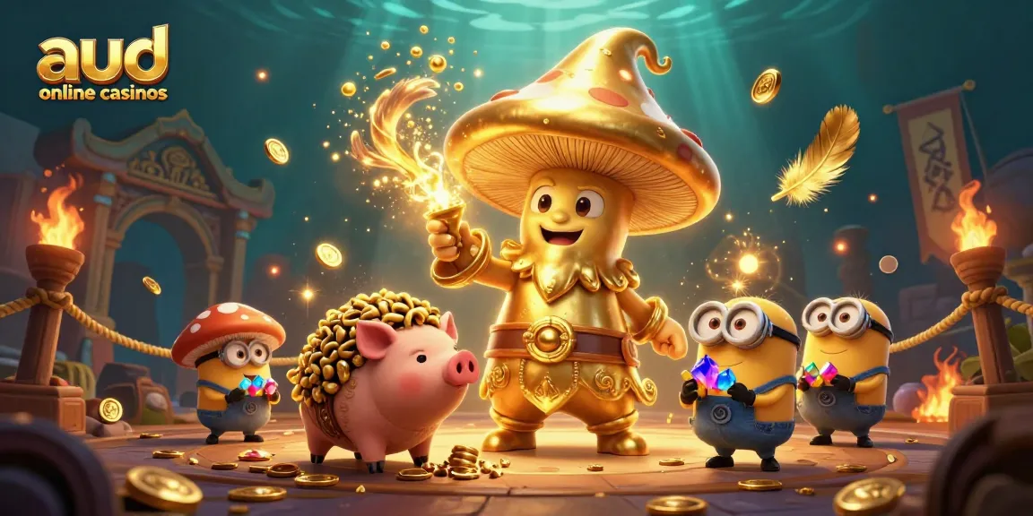 Win big at aud online casinos with a whimsical scene of a golden wizard and treasure-hunting pig.