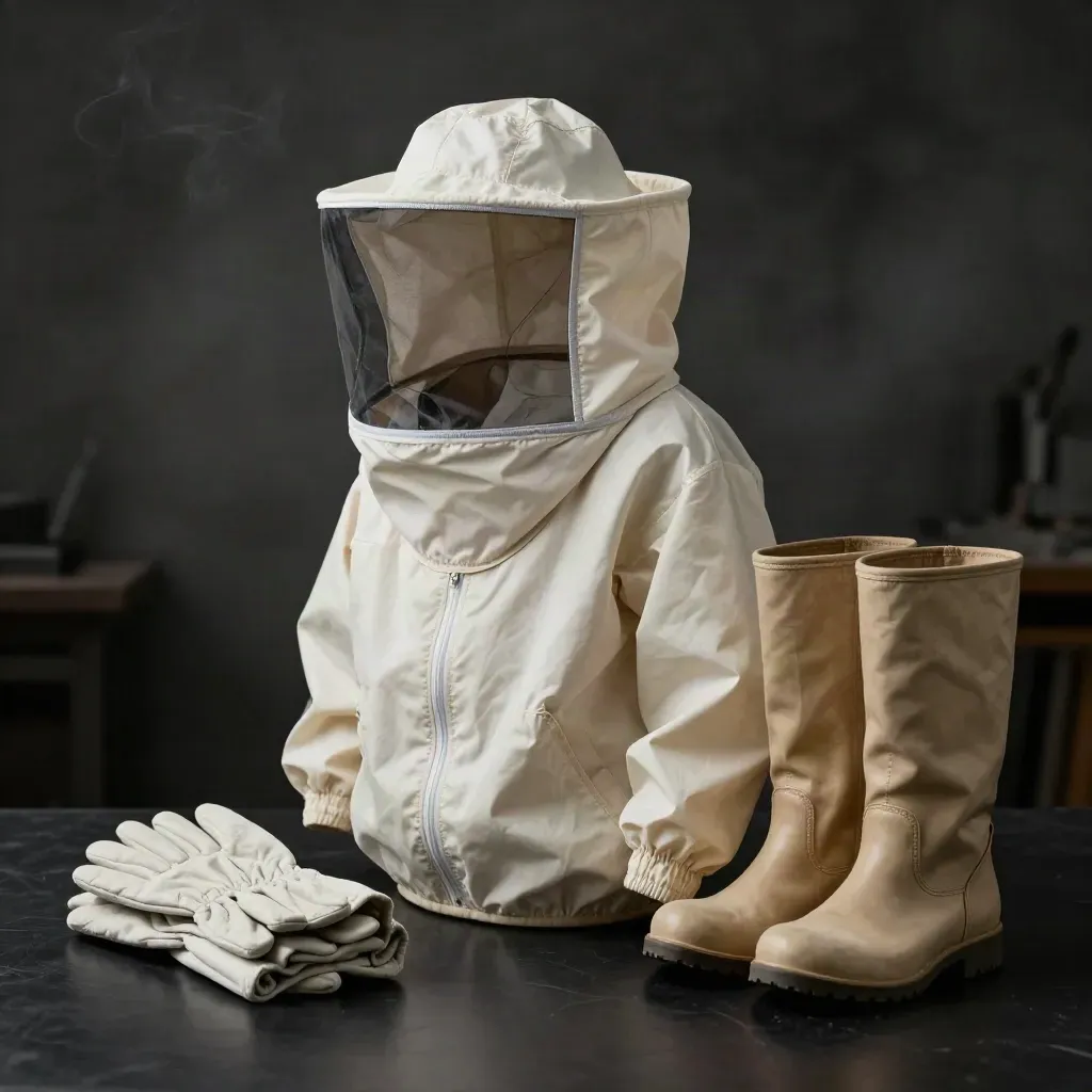 Imkerpak met sluier, handschoenen en laarzen naast elkaar op een donkere studioondergrond.