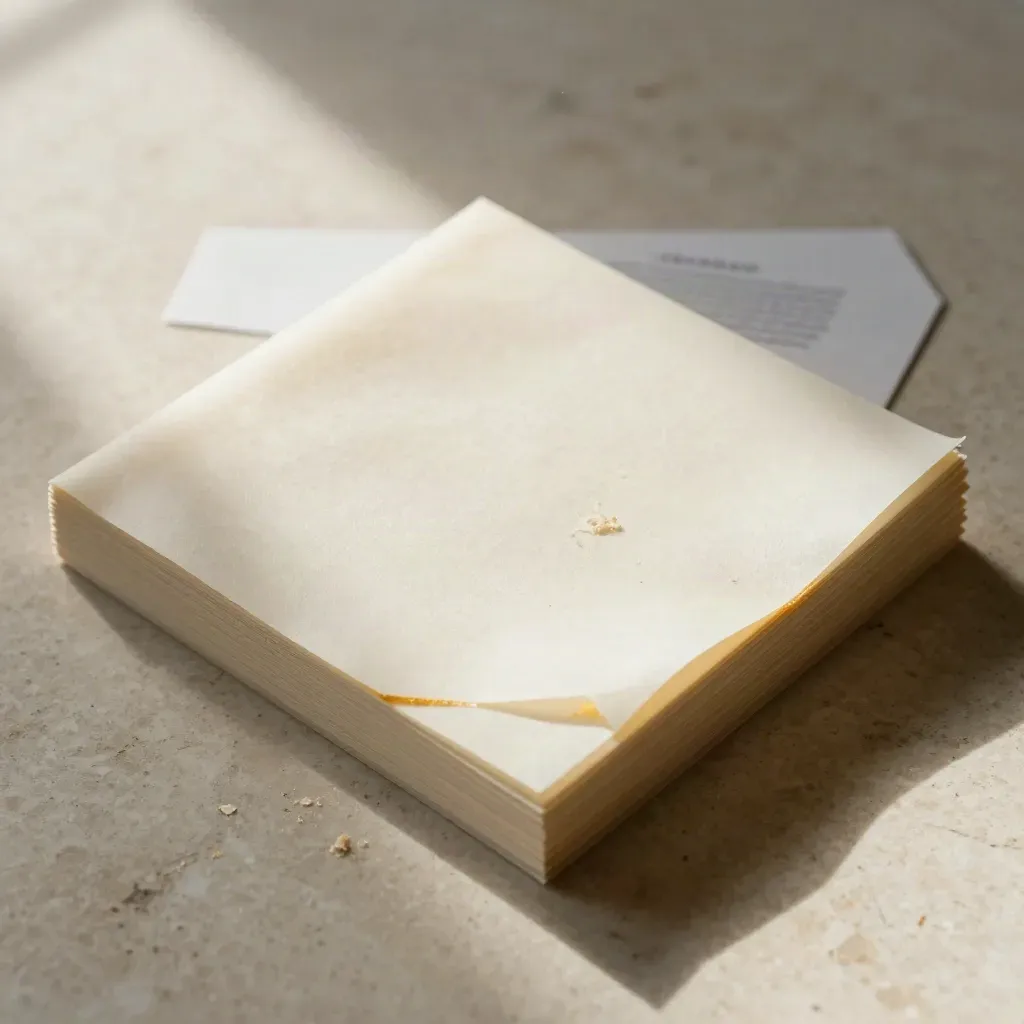 Strakke flatlay van kunstraat in papier op lichte travertinsteen.
