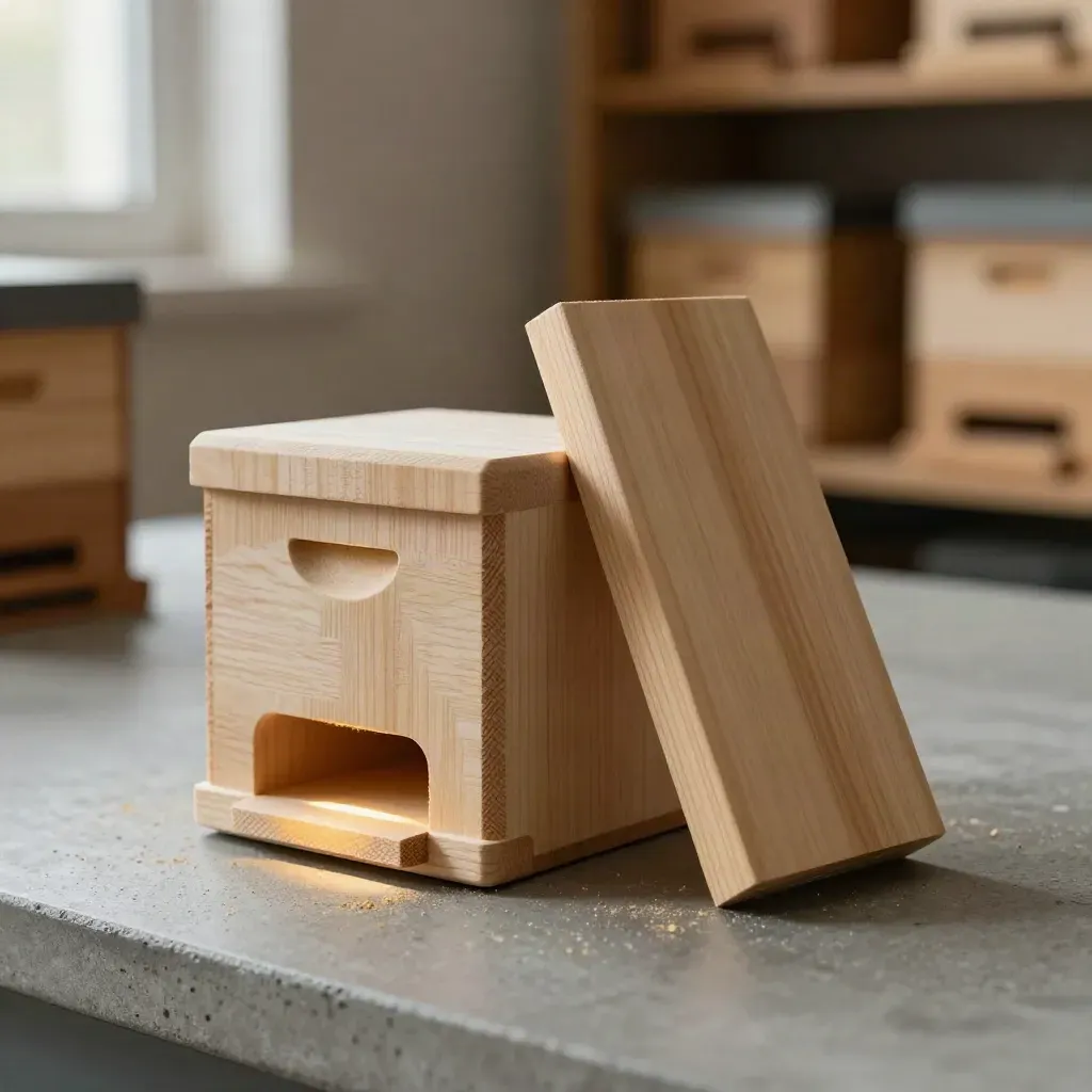 Houten ingangsvernauwers voor een bijenkast op een lichte werkbank, warm en ambachtelijk.