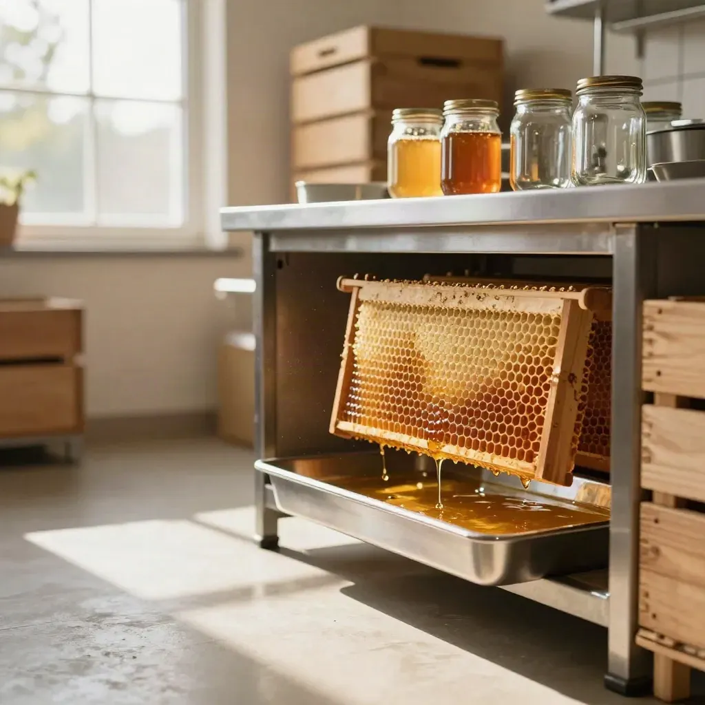 Honingframes, stalen werkblad en glazen potten in een lichte honingkamer met warm zonlicht.