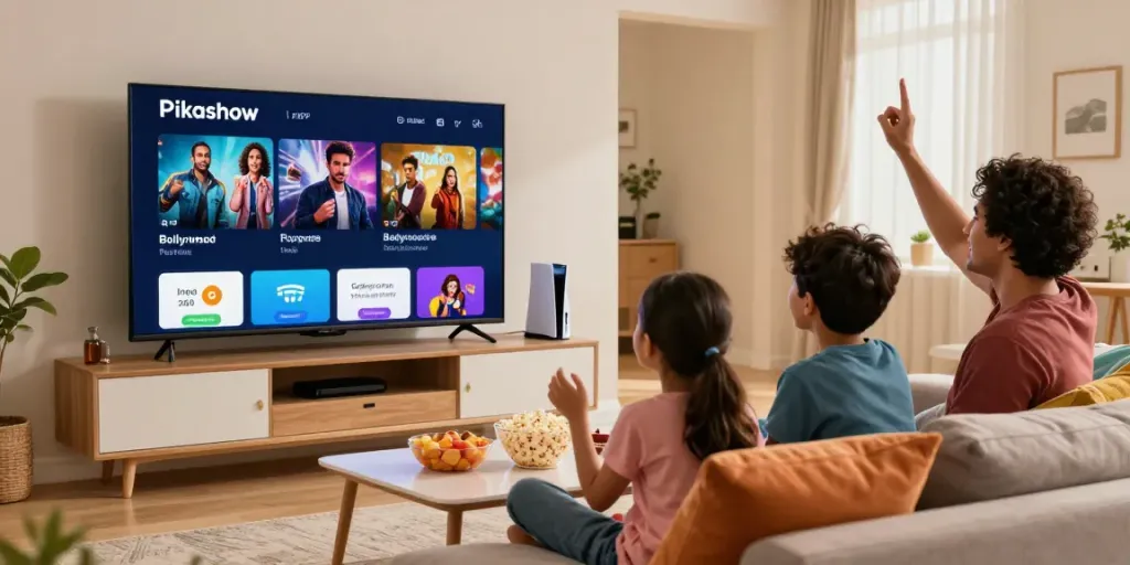 Pikashow TV APK displayed on a large screen with a family enjoying a movie night.
