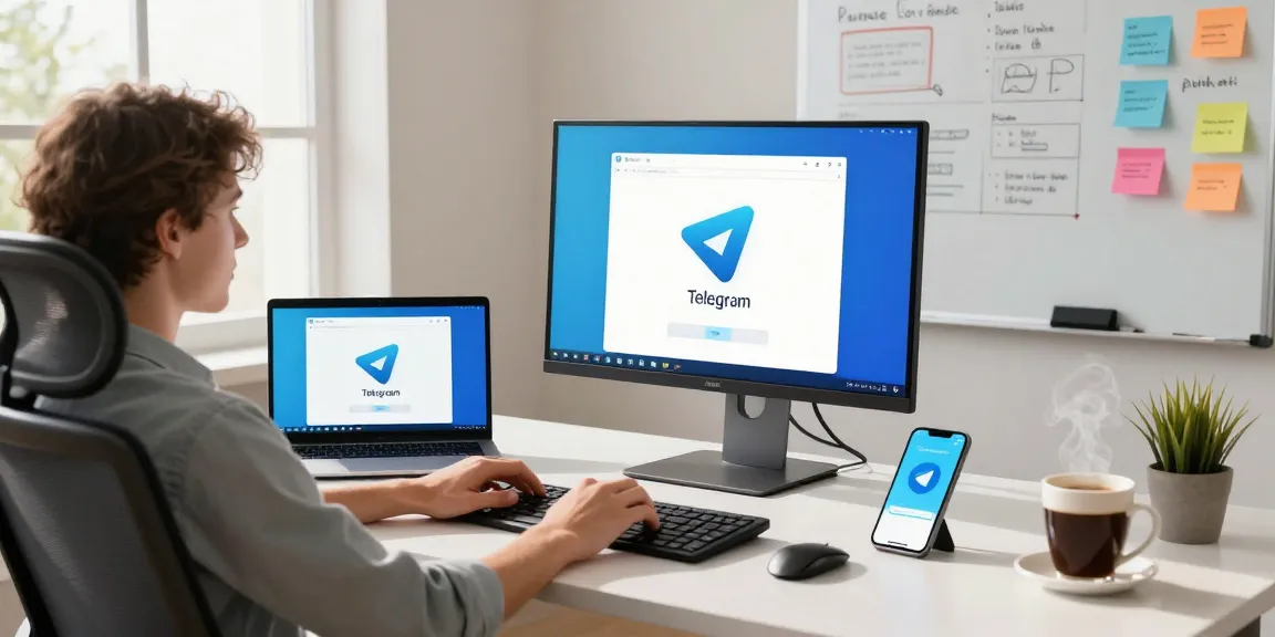 Using the Telegram Web Version in a modern workspace with devices and tech elements enhancing productivity.