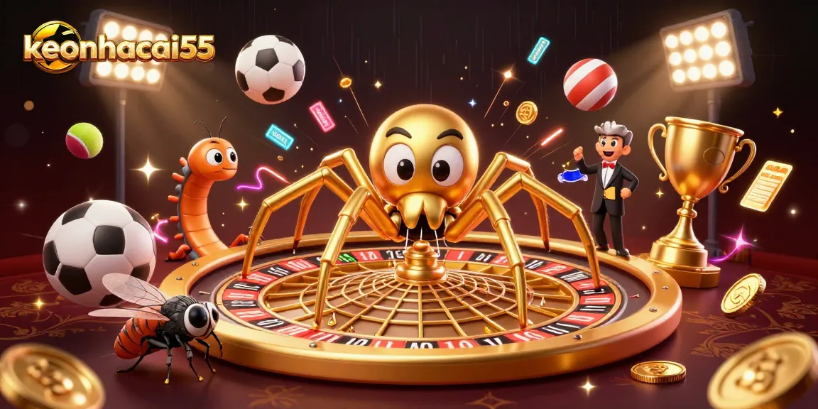 Experience thrilling bets on keonhacai55 with a cartoon spider and croupier spinning a roulette web.